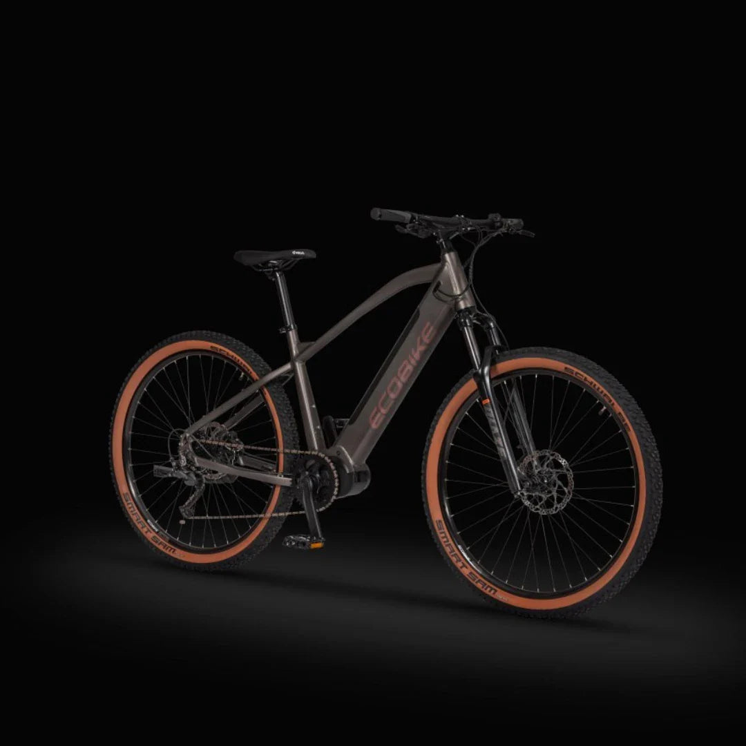Mountain Electric Bike Ecobike Sx300, sleek design, black frame, orange accents, rugged tires for off-road.
