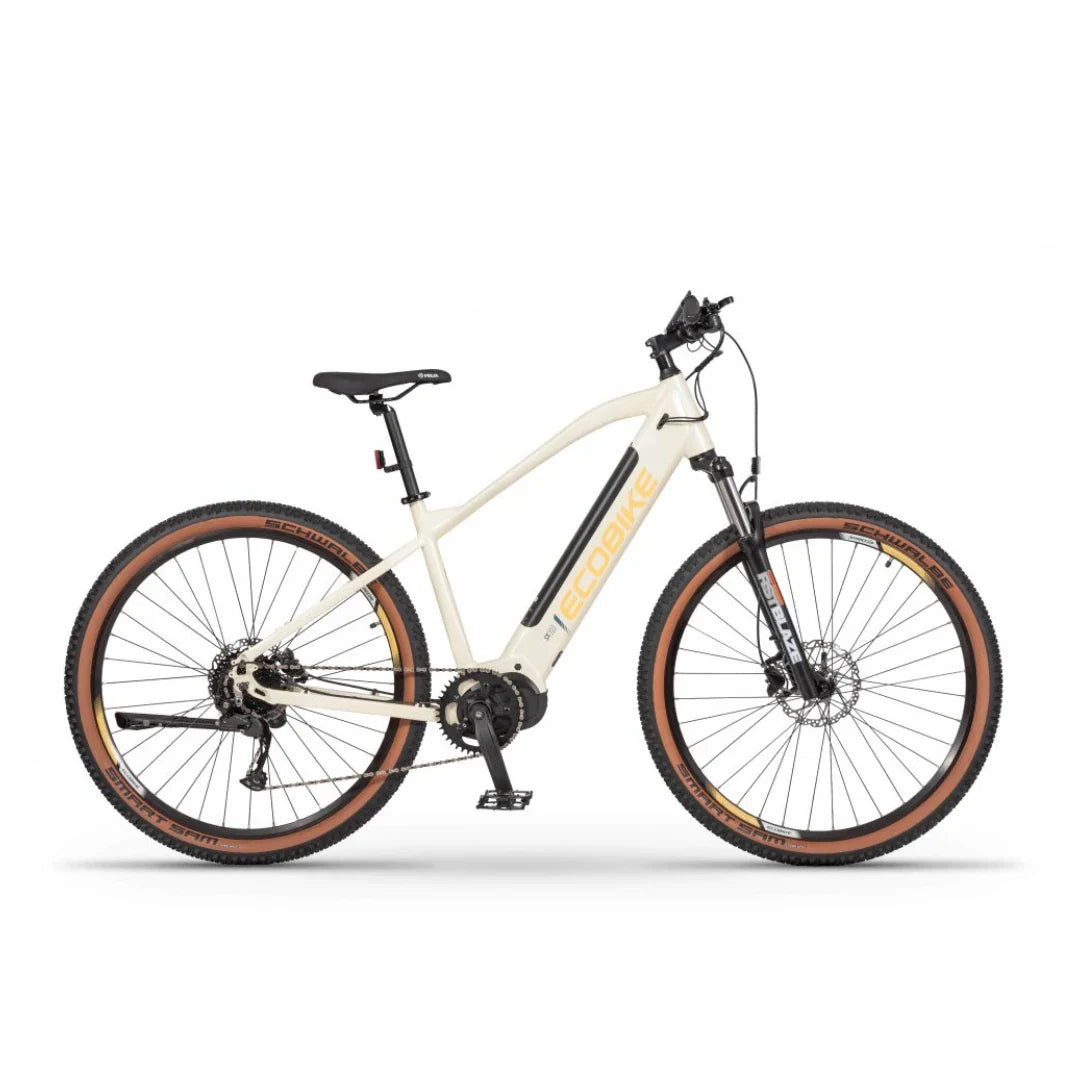 Mountain Electric Bike Ecobike Sx300, featuring a sleek white frame, fat tires, and adjustable seat, perfect for trails.