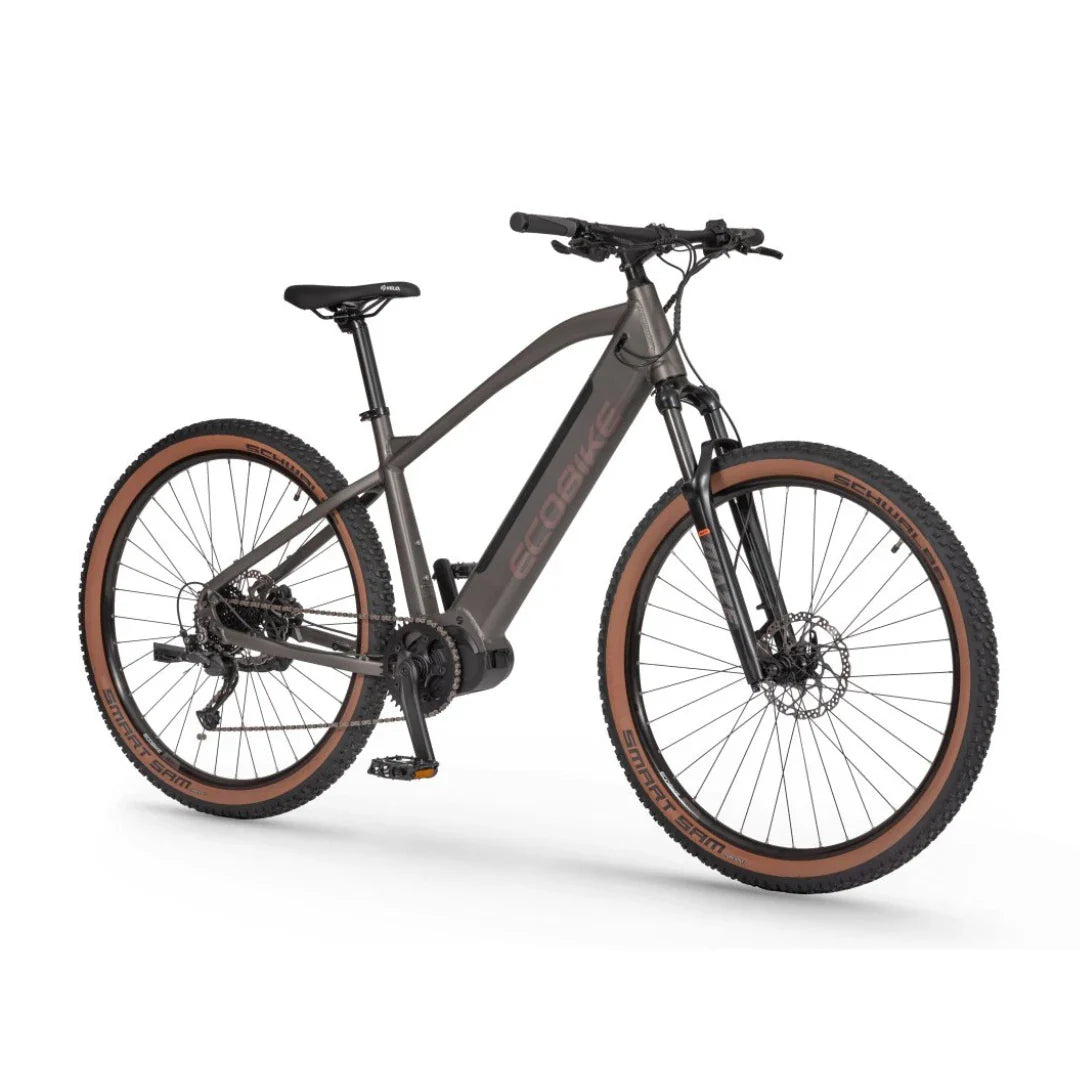 Mountain Electric Bike Ecobike Sx300, matte gray frame, fat tires, front suspension, ideal for outdoor trails.