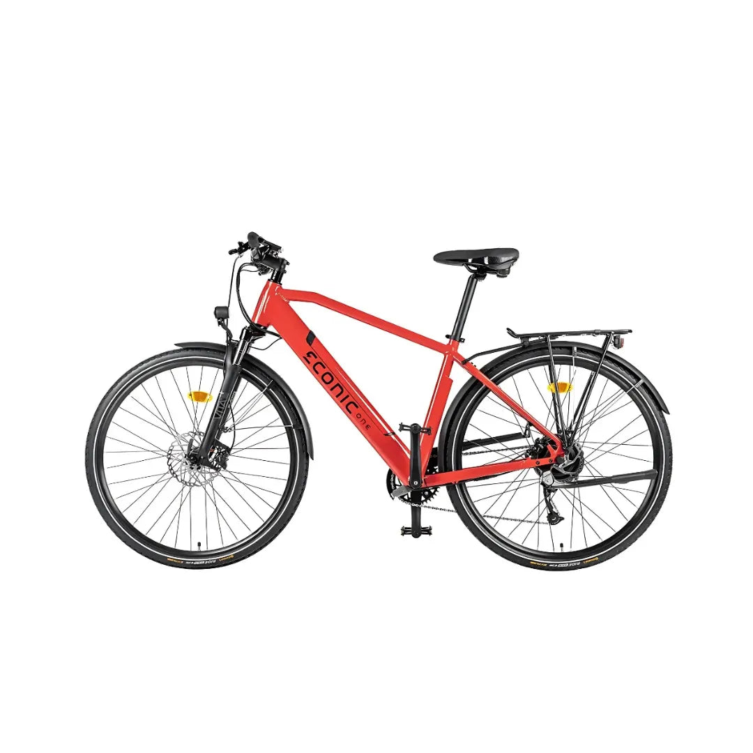 Electric Bike Econic One Smart Urban features a sleek red frame, robust wheels, and a comfortable saddle.