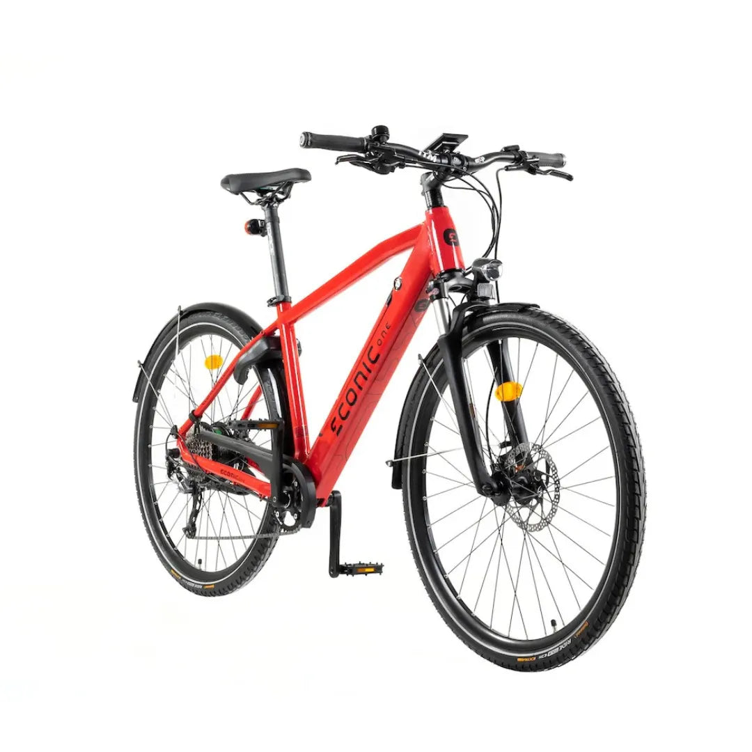 Electric Bike Econic One Smart Urban features a sleek red frame, ergonomic design, and sturdy wheels.
