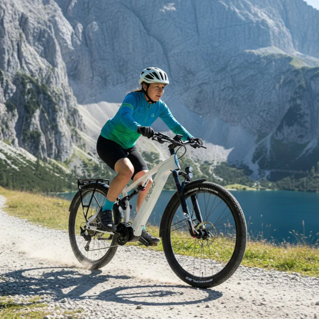 Electric bicycle ECONO Pantera SUV C6 120 – rider on trail, mountain lake background