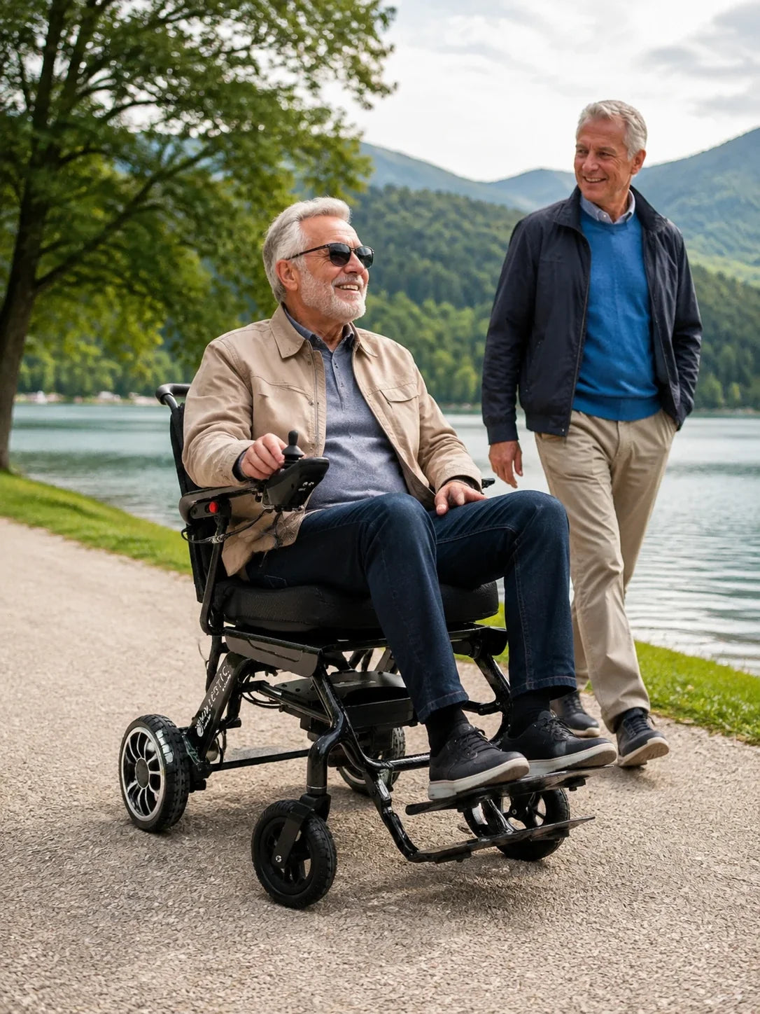 Electric wheelchair ComfyGO IQ-Carbon – man using wheelchair on path with another man walking alongside