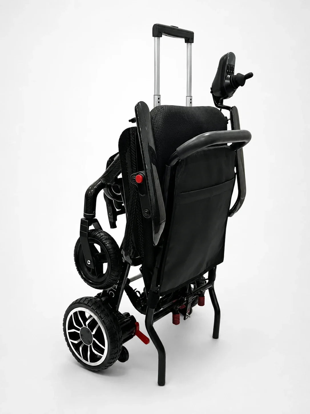 Electric wheelchair ComfyGO IQ-Carbon – folded, rear-left view, with extended handle