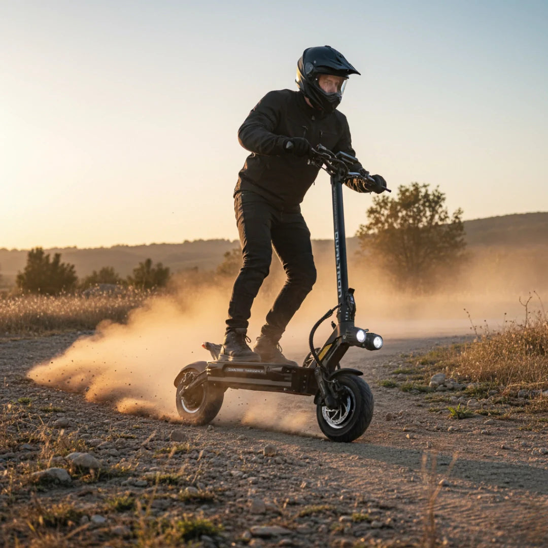 Electric scooter Dualtron Thunder 3 – rider on dirt path, kicking up dust