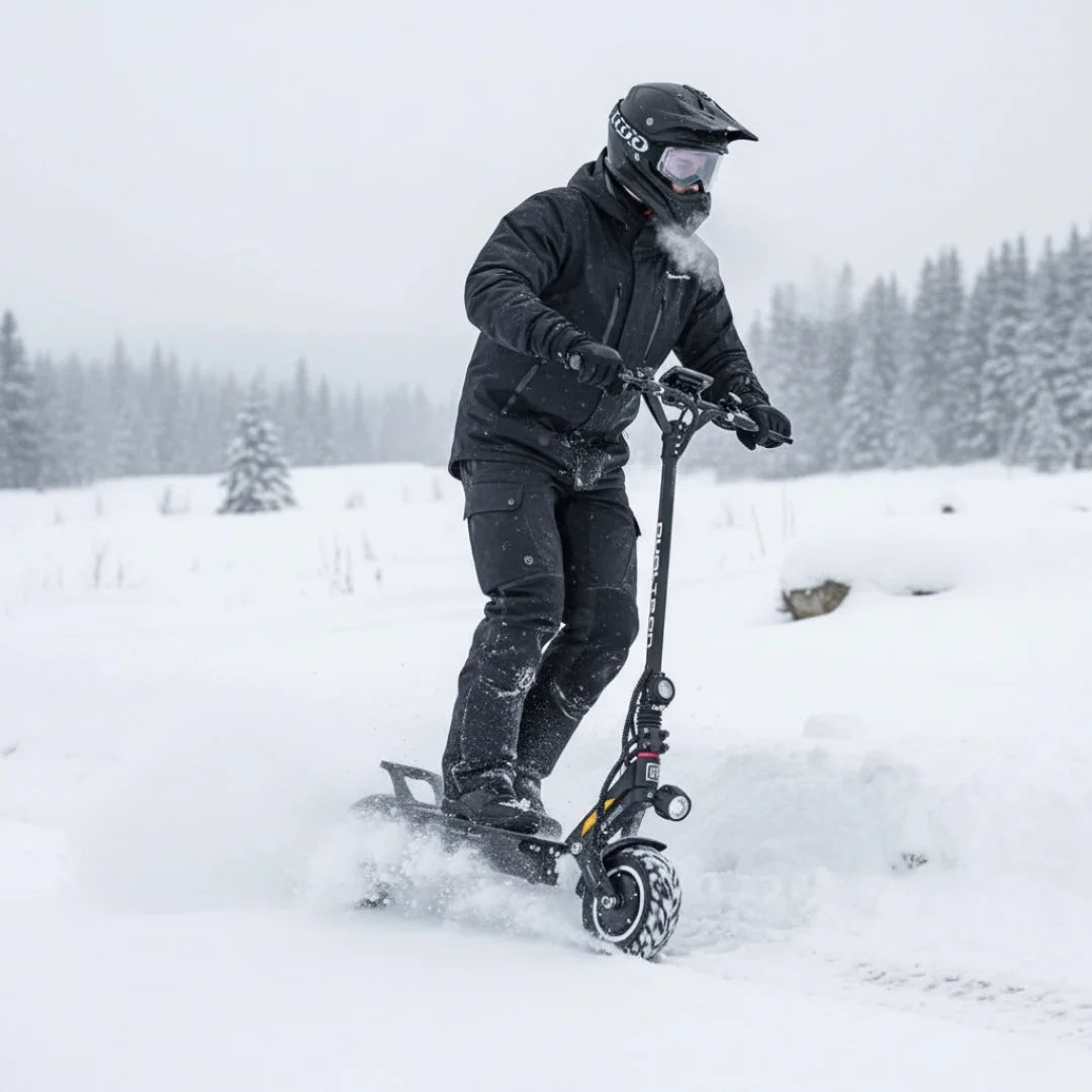 Electric scooter Dualtron Victor Luxury Plus NEW – person riding through snow