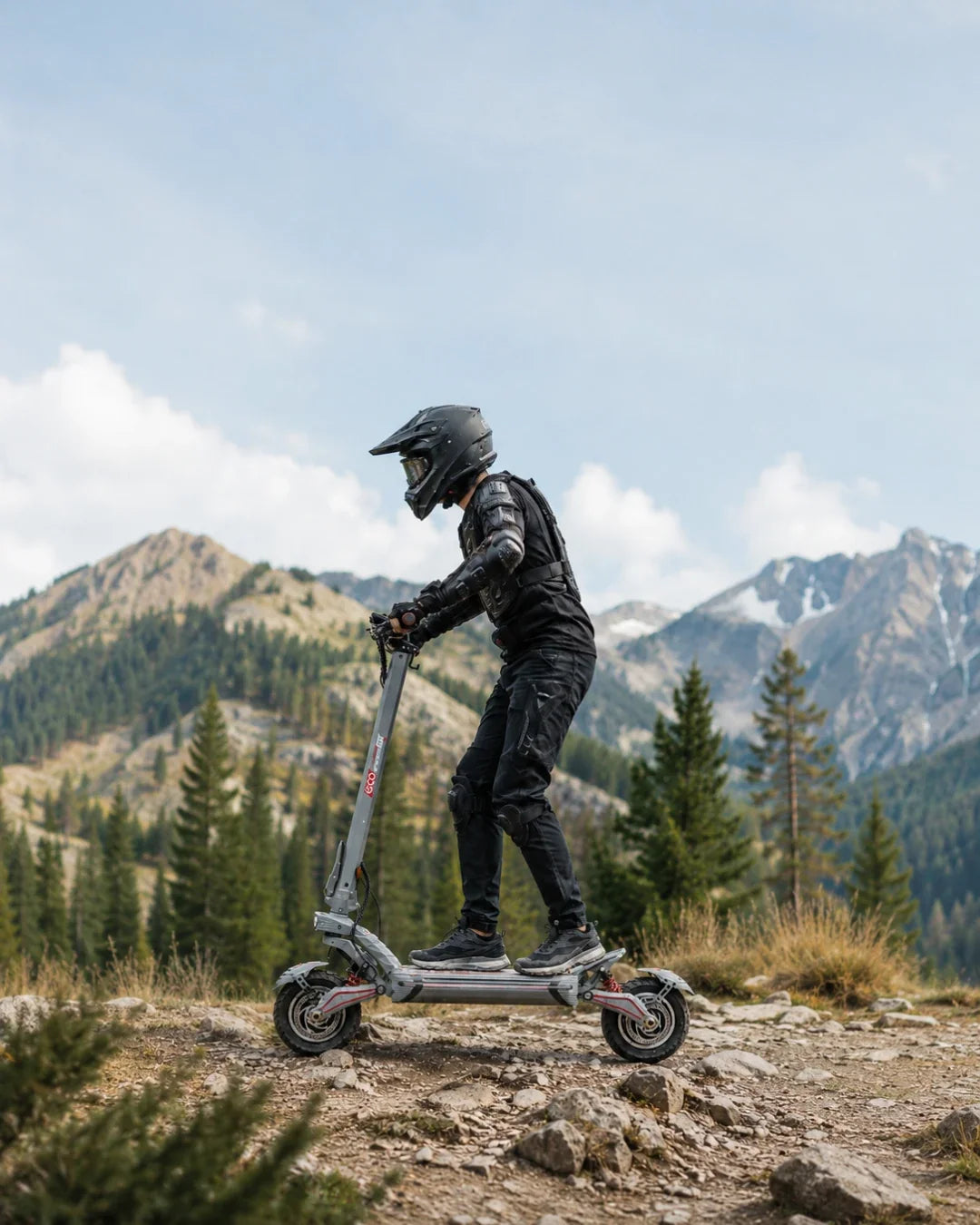 Electric scooter ECO Speed 10X V2 – rider on scooter in mountain terrain
