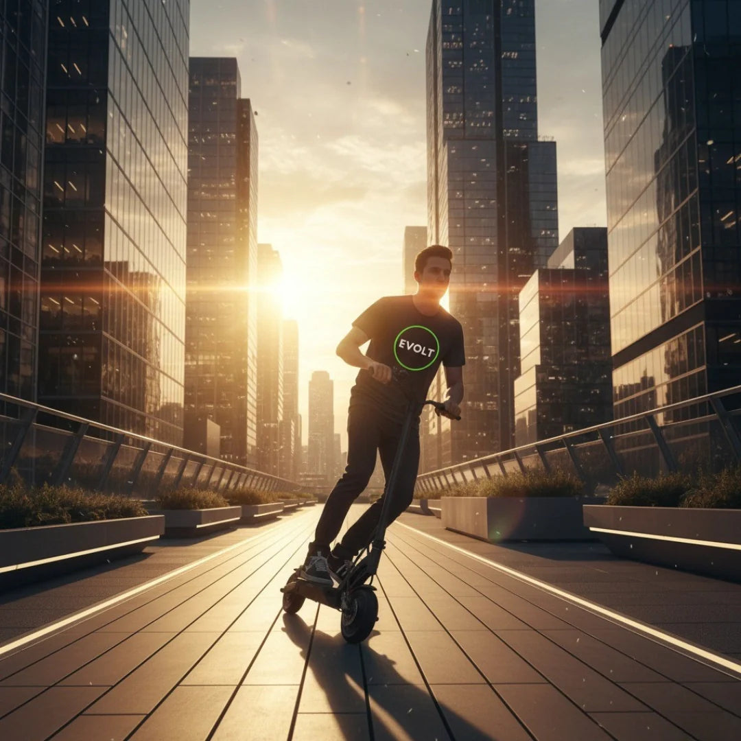Electric scooter Kaabo Mantis 10 PLUS – rider on scooter in city at sunset