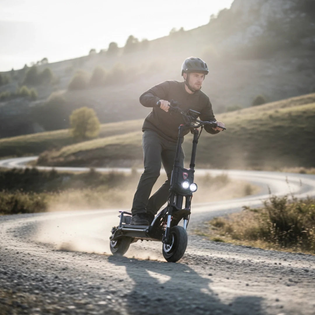 Electric scooter Kaabo Wolf King GTR MAX – rider on winding dirt road