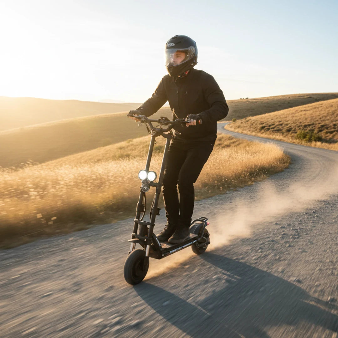 Electric scooter Kaabo Wolf Warrior X GT – man riding scooter on winding road
