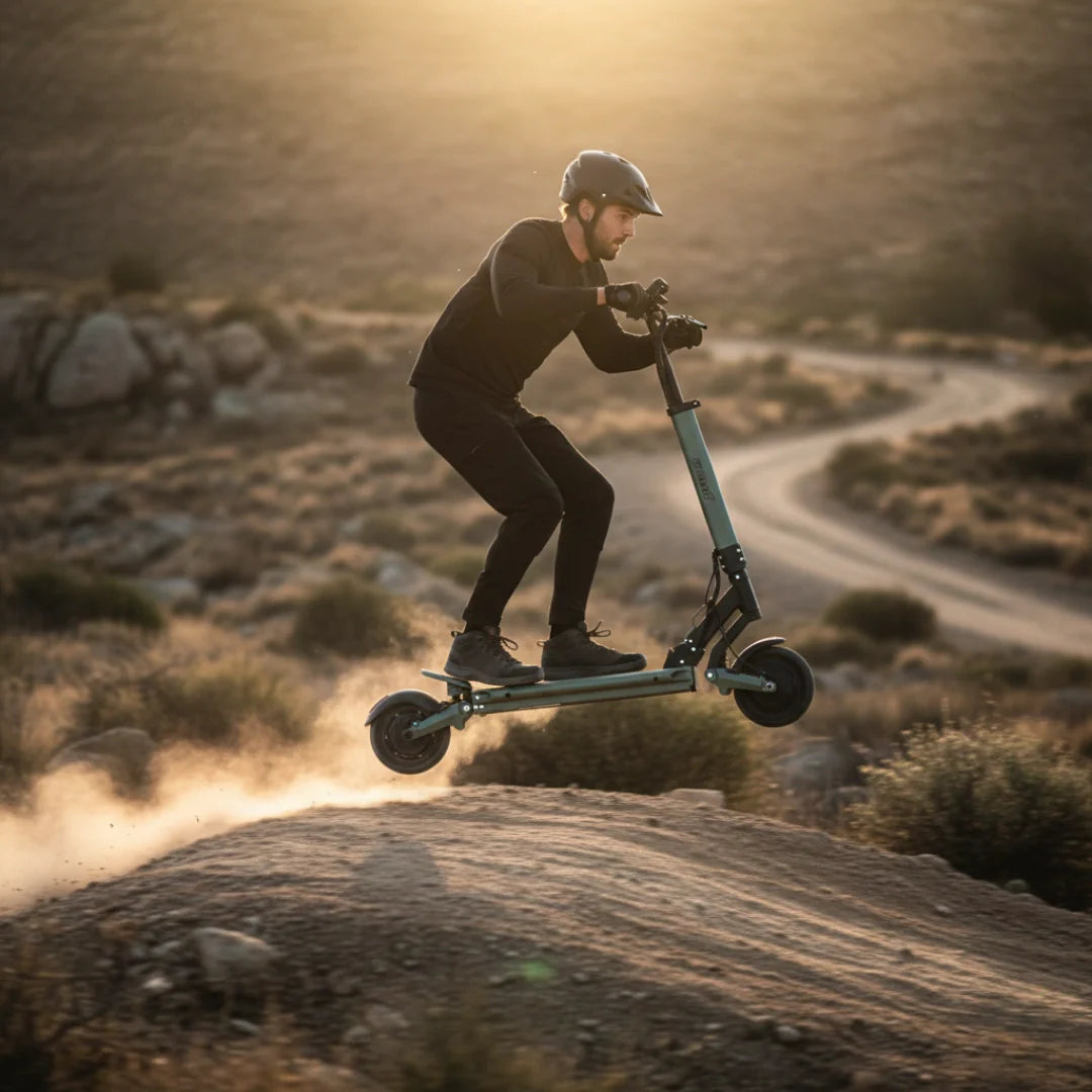 Electric scooter VSETT 8+ – rider jumping on dirt path