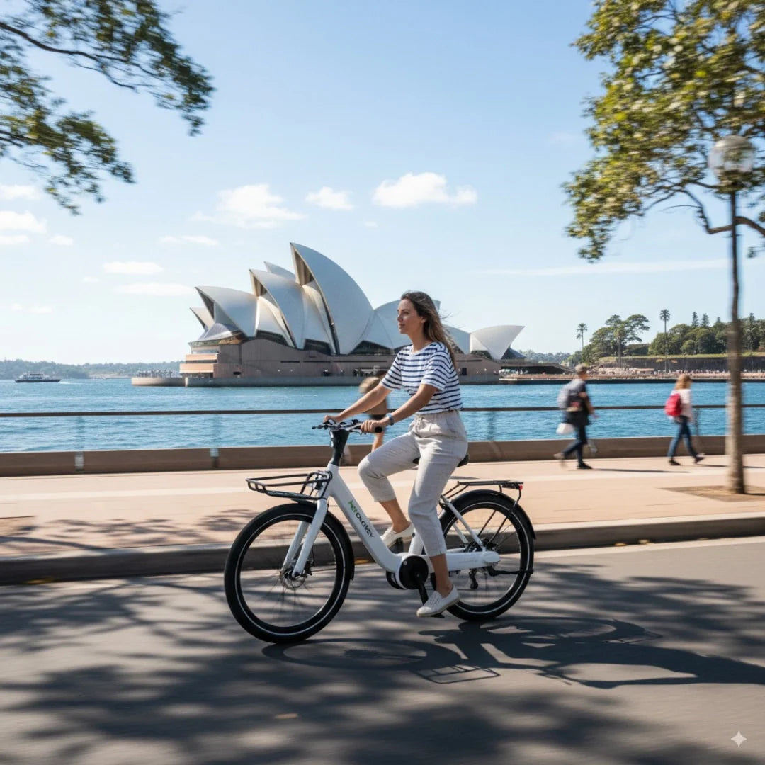 Electric bicycle MS Energy CityZen C102 – woman riding by Sydney Opera House