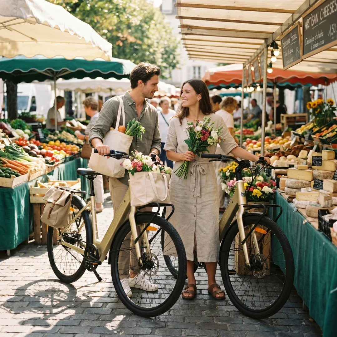 Electric bicycle MS Energy Zorya PLUS – two people with bicycles at market