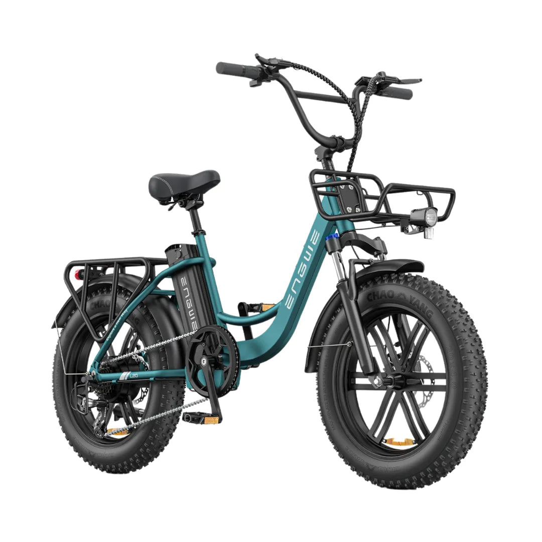 Electric Bike Engwe L20 Boost features a sturdy frame, large fat tires for stability, and a front basket.