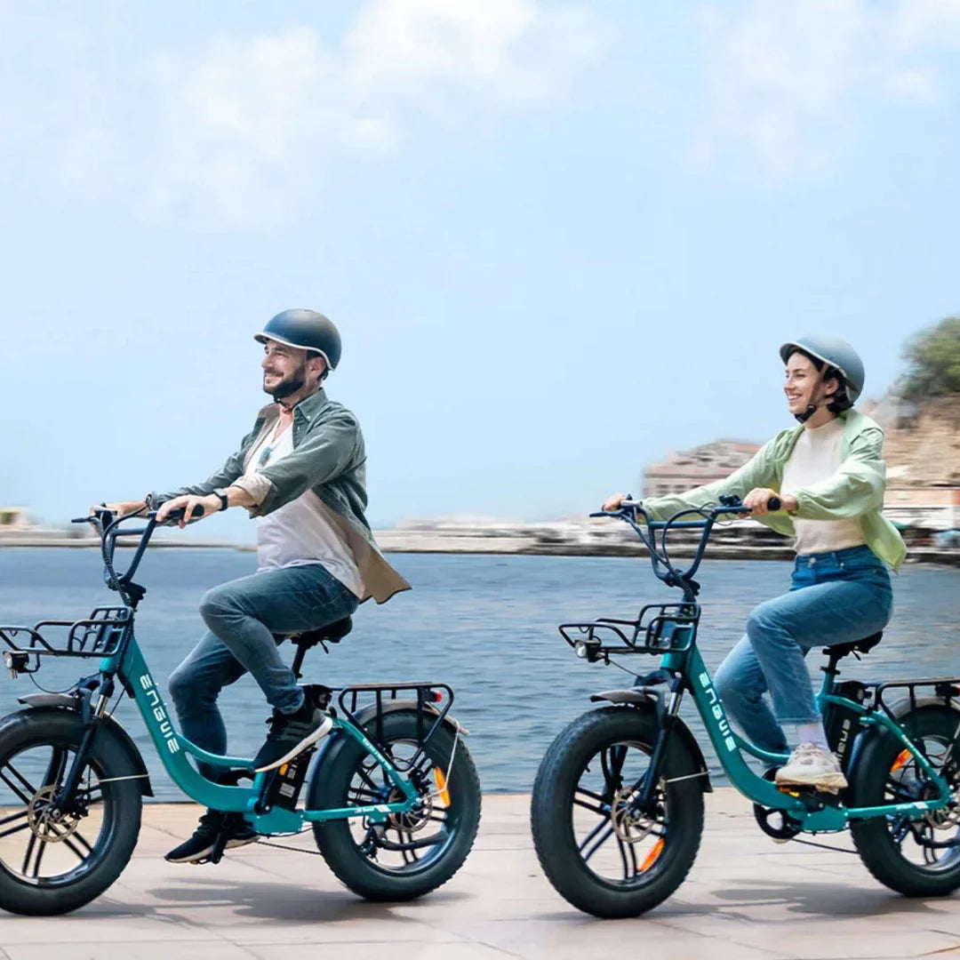 Electric Bike Engwe L20 Boost, stylish design, perfect for city rides, featuring two riders by the waterfront.