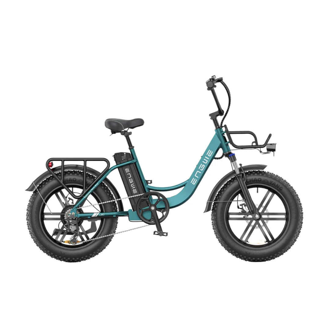 Electric Bike Engwe L20 Boost features a sleek turquoise frame, fat tires, a comfortable seat, and a cargo rack.