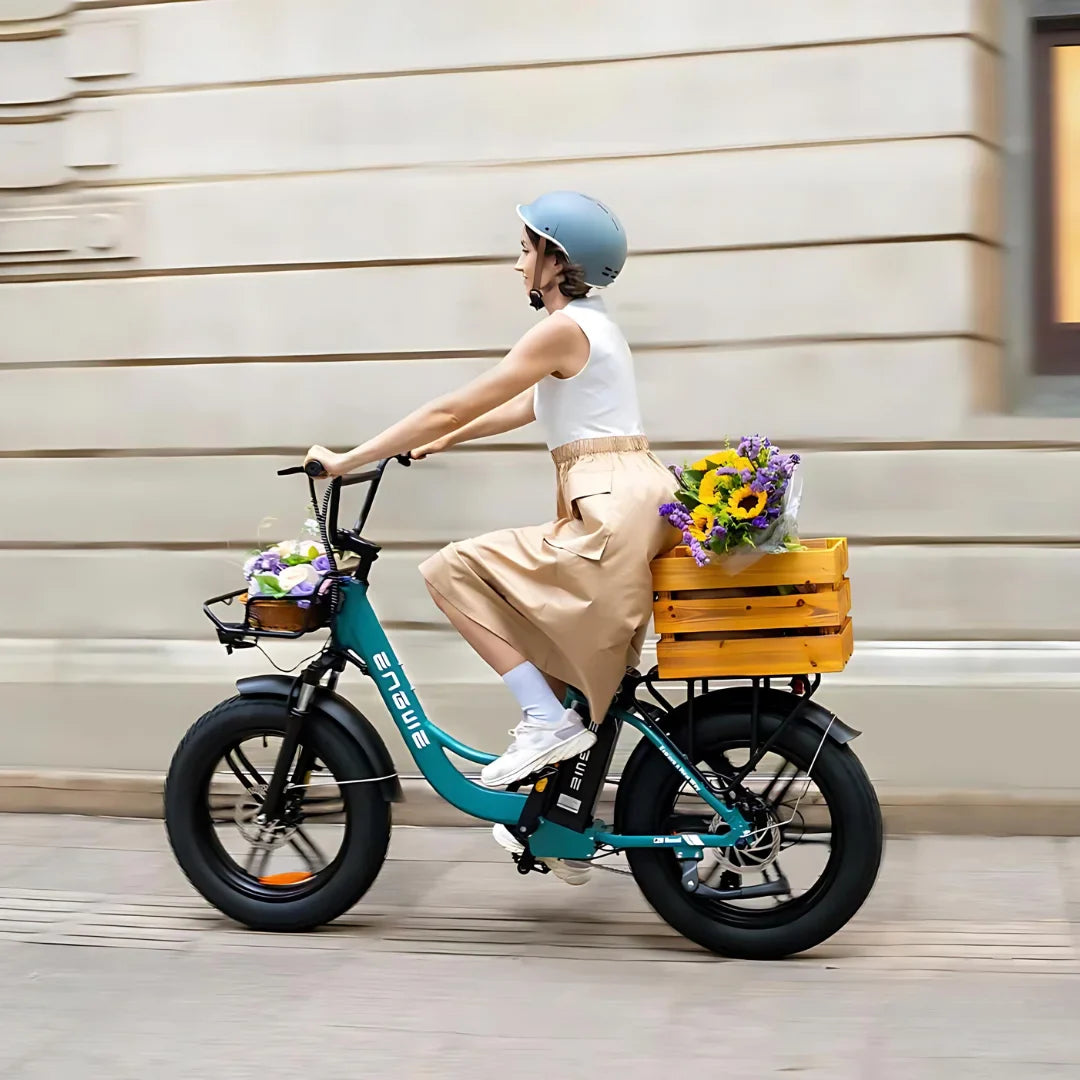 Electric Bike Engwe L20 Boost features a stylish design, comfortable riding, and a wooden basket with flowers.