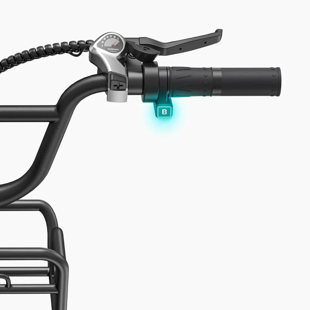 Electric Bike Engwe L20 Boost features a sleek handlebar with Shimano gear shifter and battery indicator.