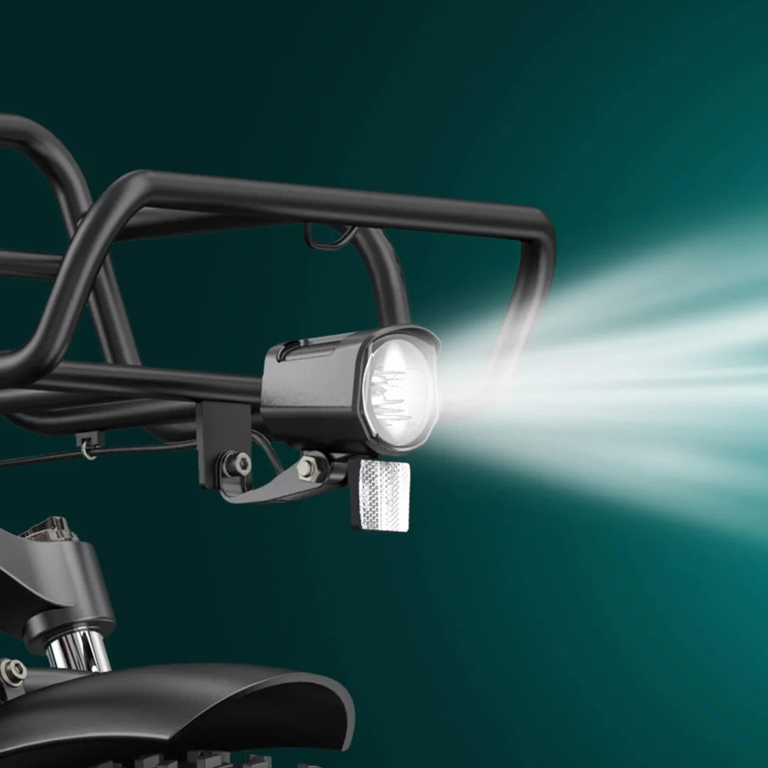 The Electric Bike Engwe L20 Boost features a sleek, robust design with a bright front light for nighttime visibility.