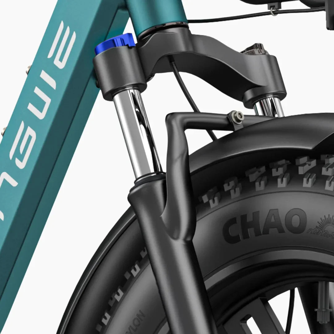 Electric Bike Engwe L20 Boost features a sturdy front suspension fork and thick CHAO tires for durability.