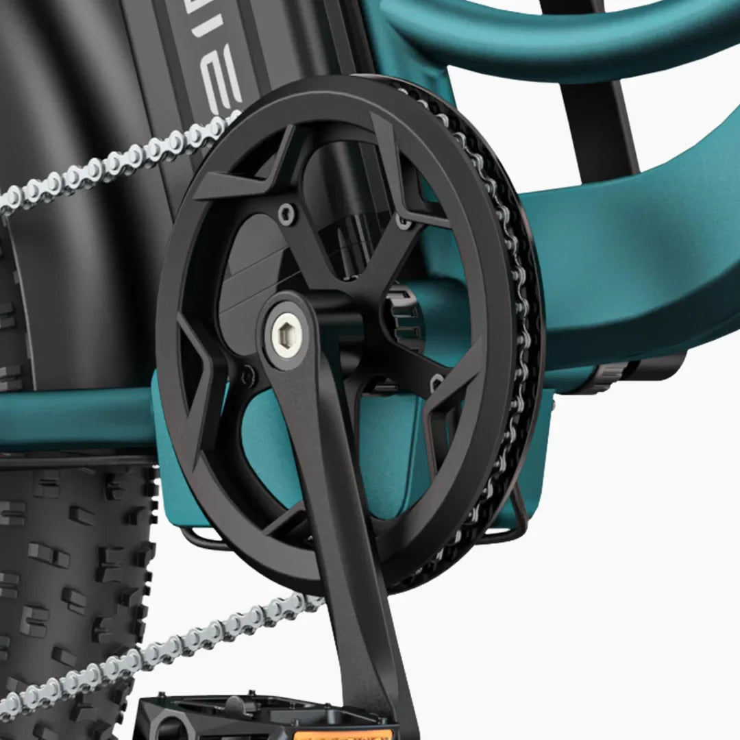 Electric Bike Engwe L20 Boost features a durable black chainring, efficient pedal system, and robust fat tires.