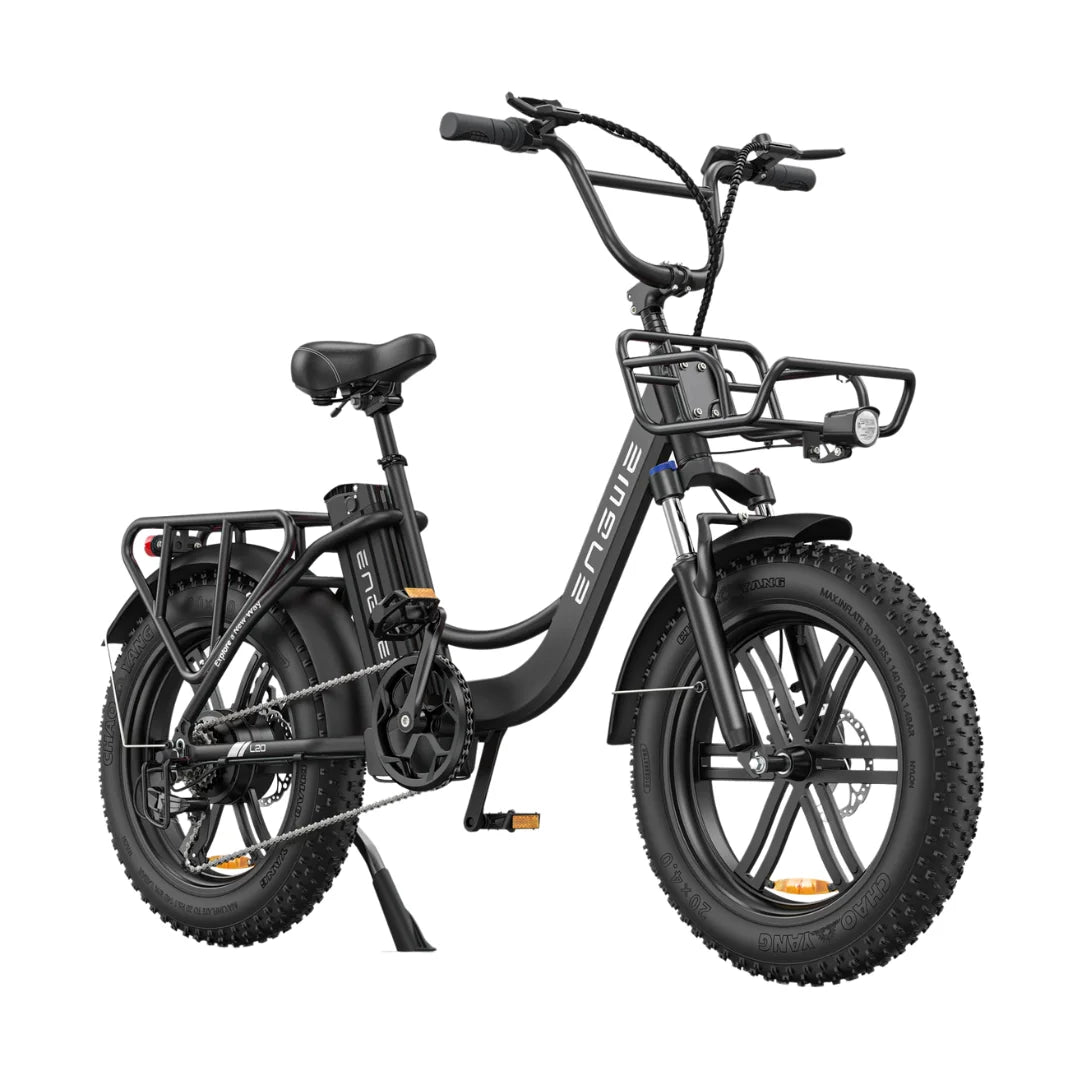 Electric Bike Engwe L20 features a sleek black frame, fat tires, and a front basket for convenience.