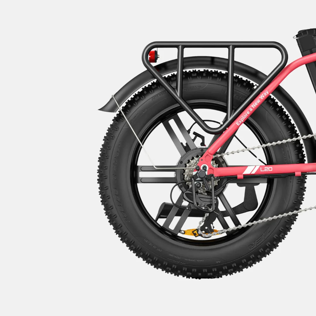 Electric Bike Engwe L20 features a robust rear tire, sleek design, and practical cargo rack for storage.