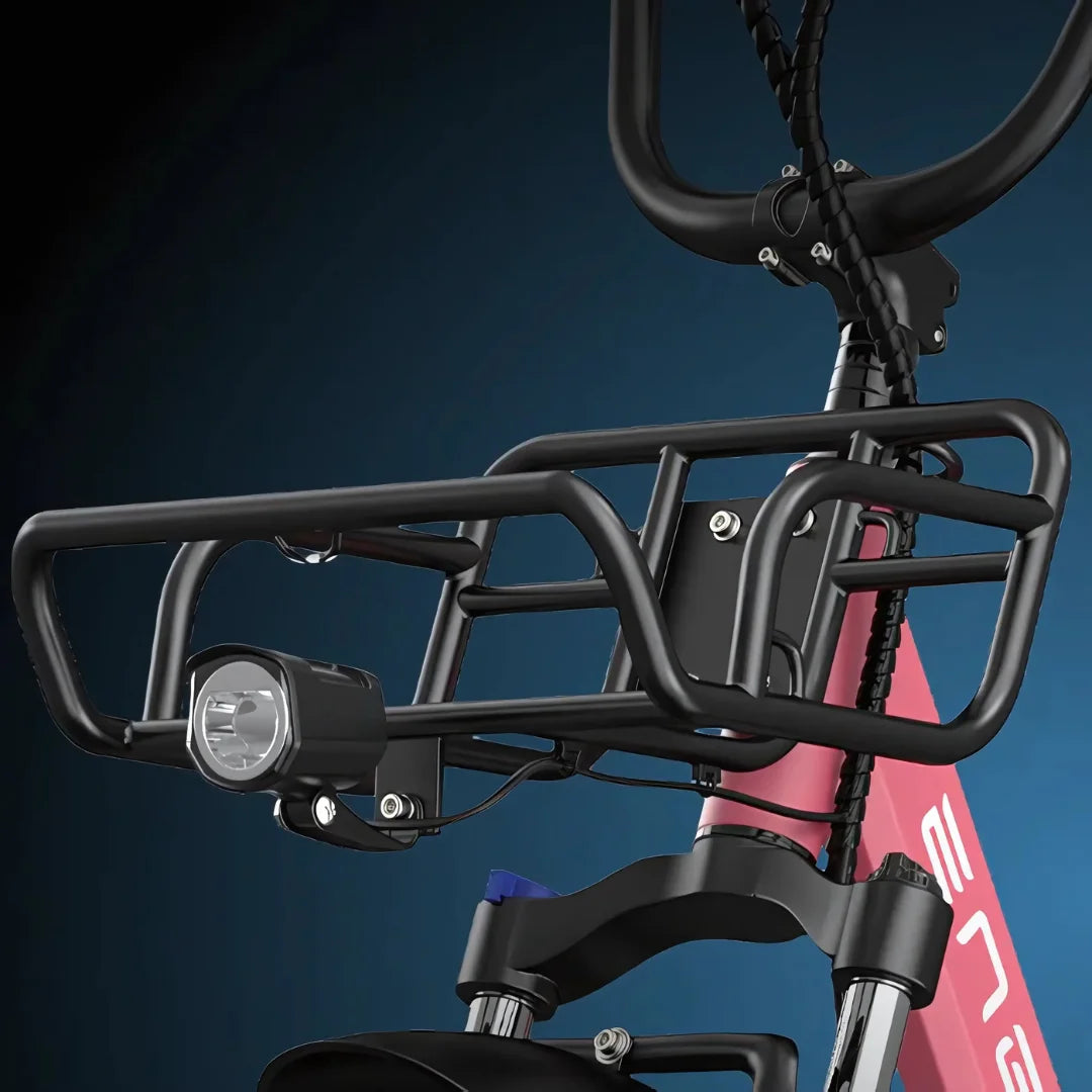 Electric Bike Engwe L20 features a sturdy black cargo rack with integrated LED light for visibility.