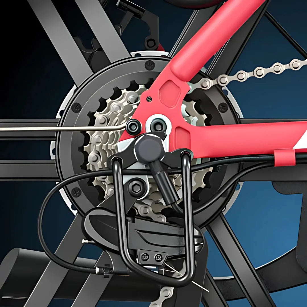 Product title: Electric Bike Engwe L20. Detailed close-up of the drivetrain showcasing the gears and chain system.