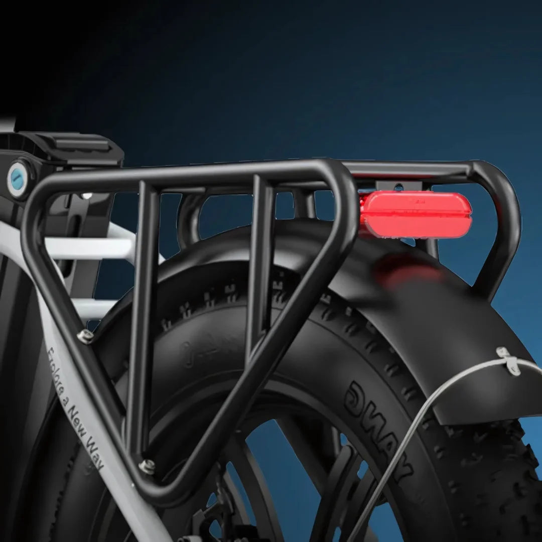 Electric Bike Engwe L20 features a robust rear rack, fat tire for stability, and a red safety light.