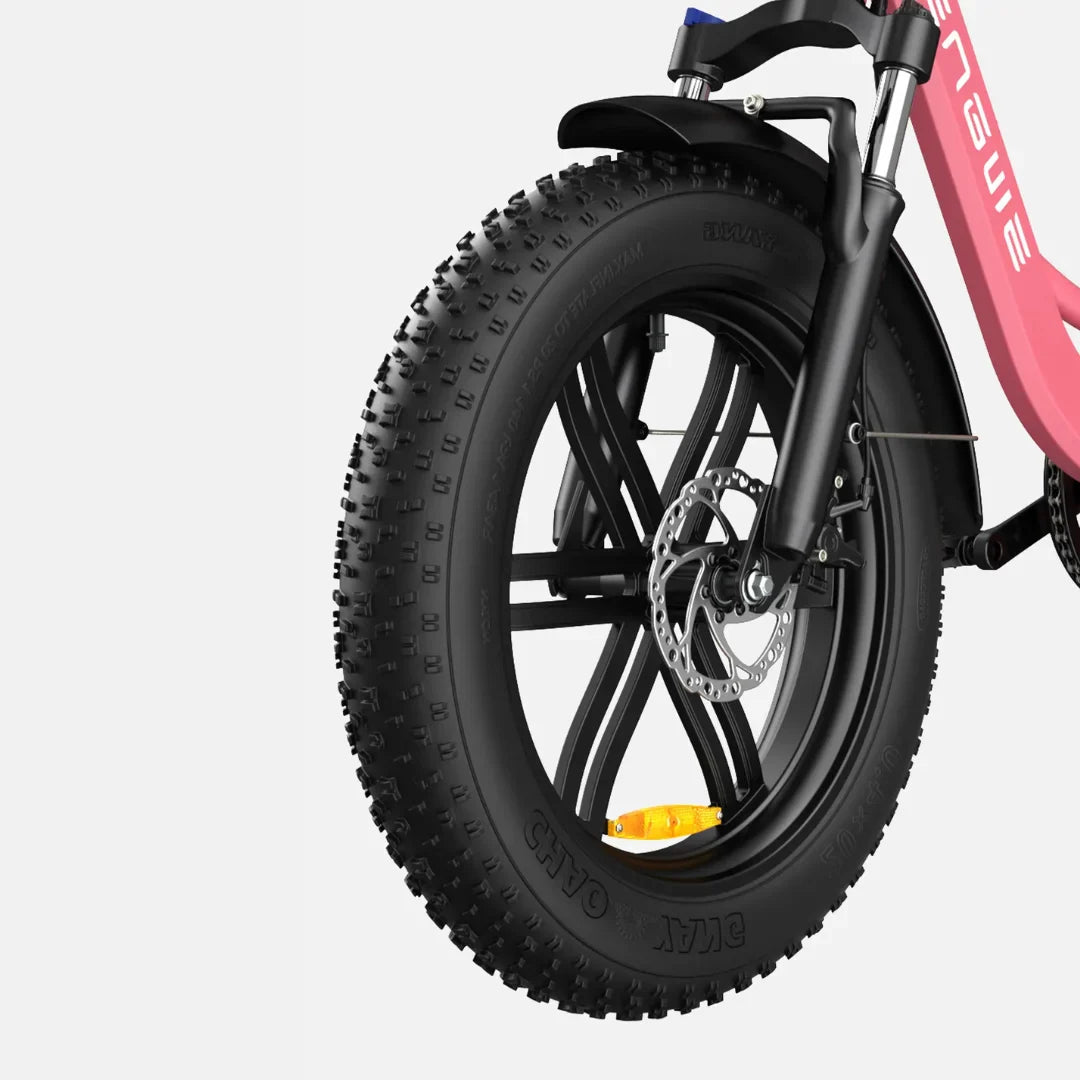 Electric Bike Engwe L20 features a robust front wheel with a thick, textured tire for superior traction and stability.