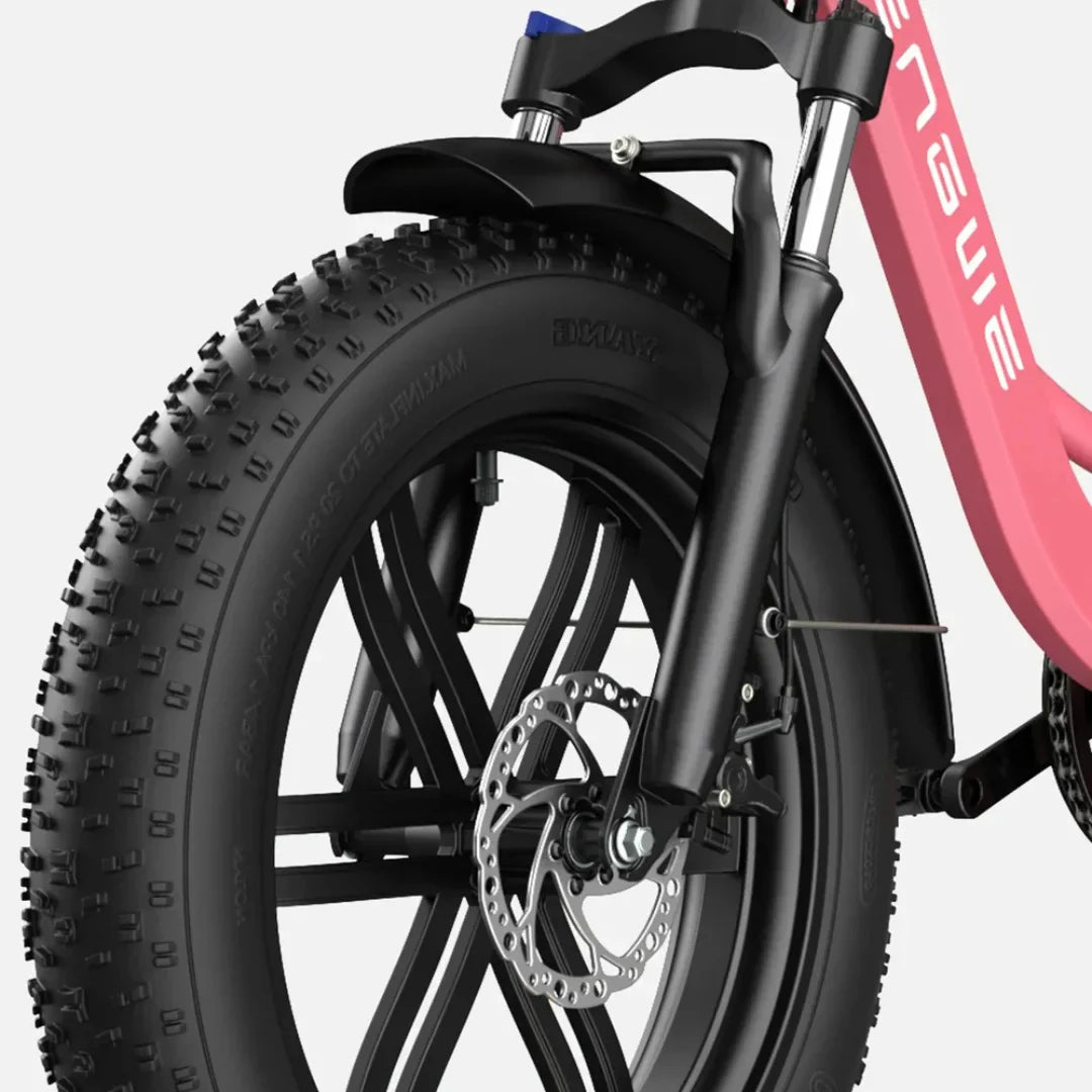 Electric Bike Engwe L20 features a sturdy design with a thick tire, black front fork, and disc brake system.