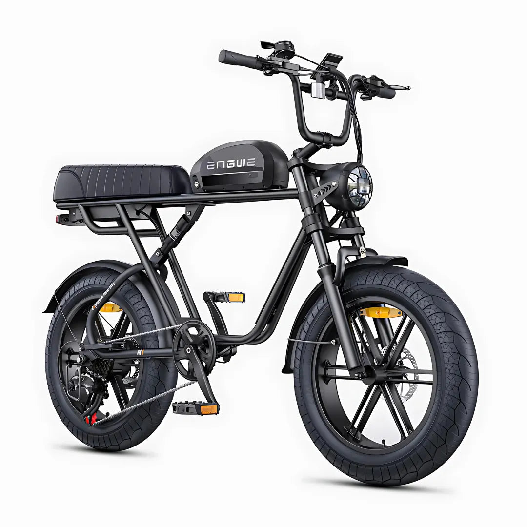 Electric Bike Engwe M1 features a sleek black design, sturdy frame, wide tires, and a comfortable seat.