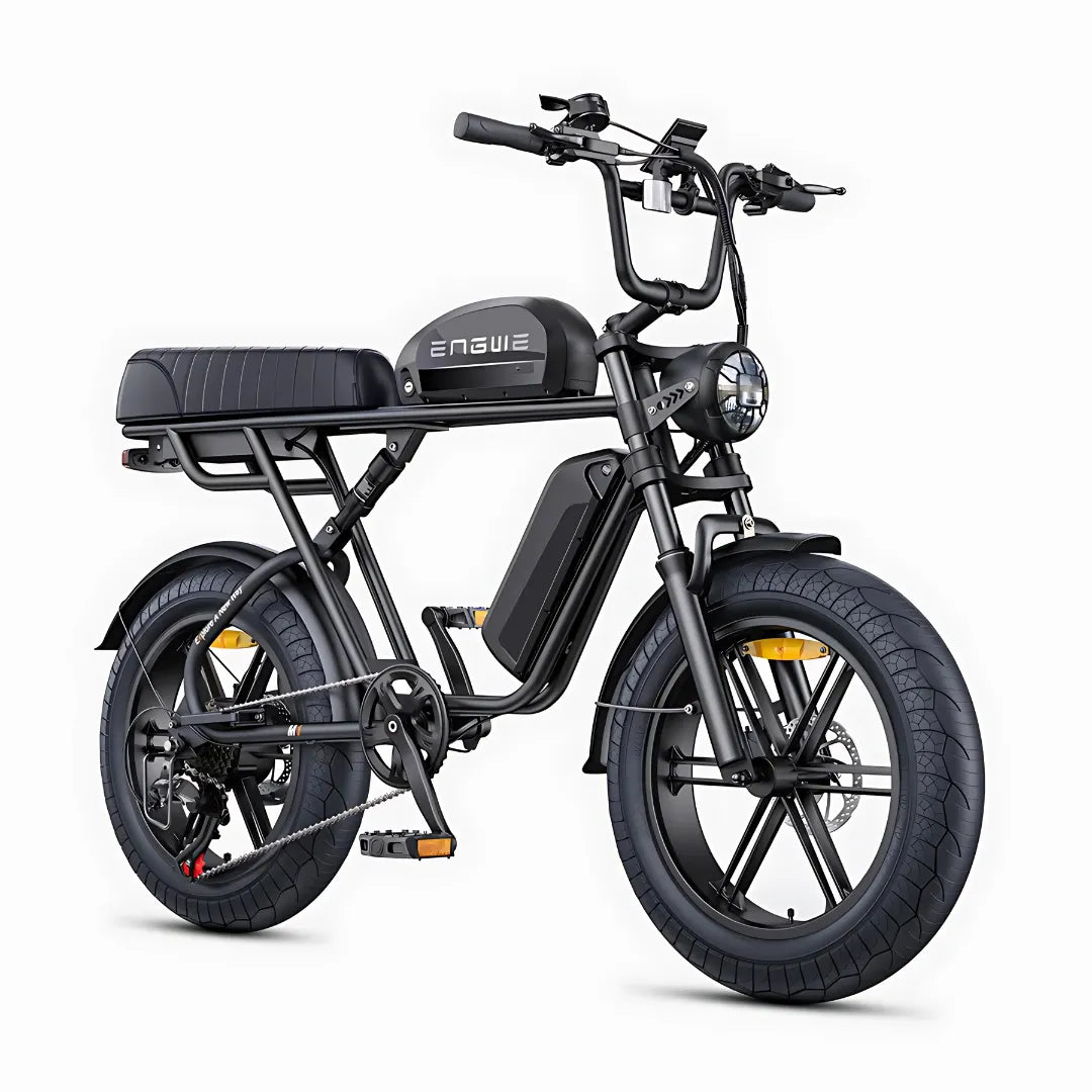 Electric Bike Engwe M1 features a sleek black design, sturdy frame, and wide tires for stability.
