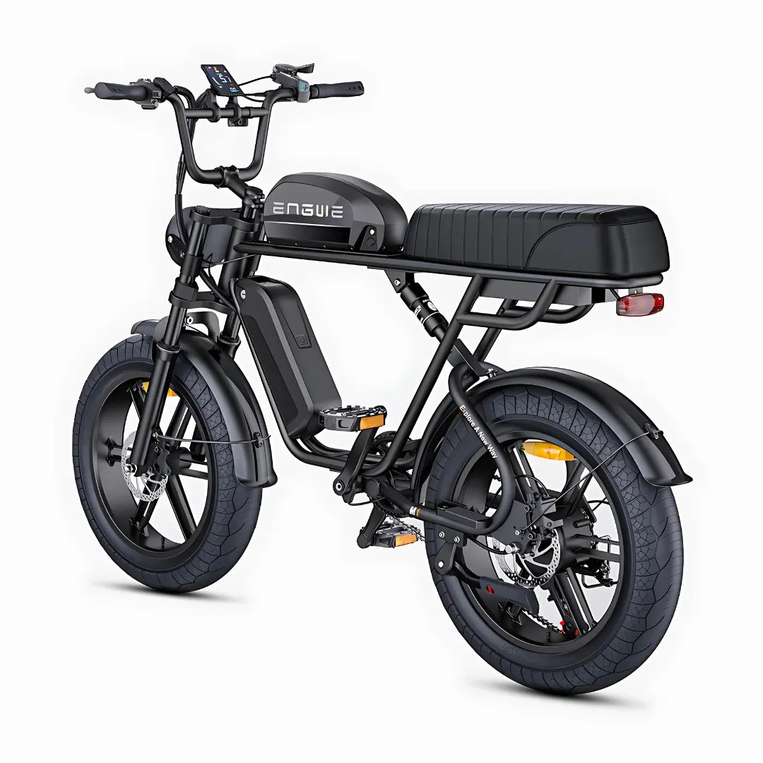 The Electric Bike Engwe M1 features a sleek black design, sturdy frame, and comfortable seating.