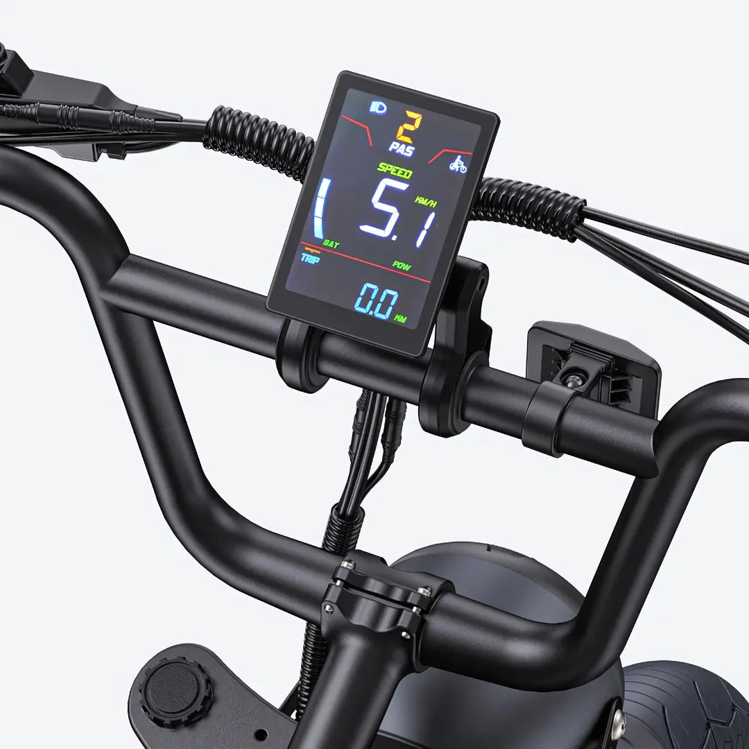 The Engwe M1 Electric Bike features a sleek handlebar with a digital display showing speed and battery status.