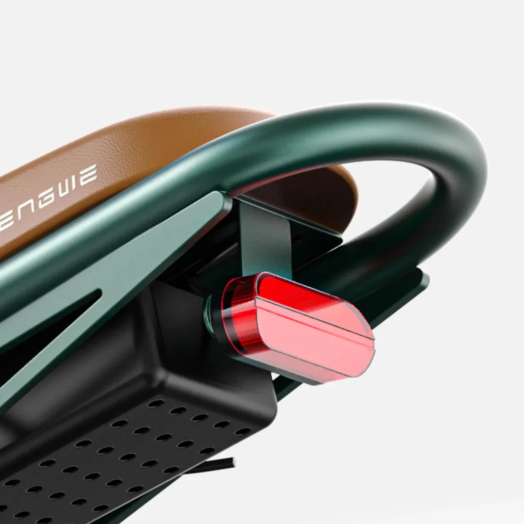 Electric Bike Engwe M20 features a stylish brown seat, green frame, and a red rear light for safety.