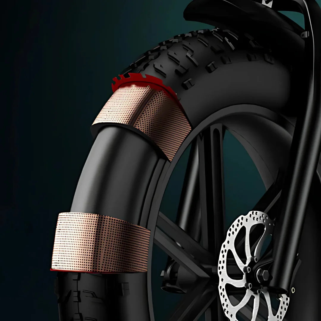 Product title: Electric Bike Engwe M20. The image shows a close-up of a robust tire with a unique copper and black design.