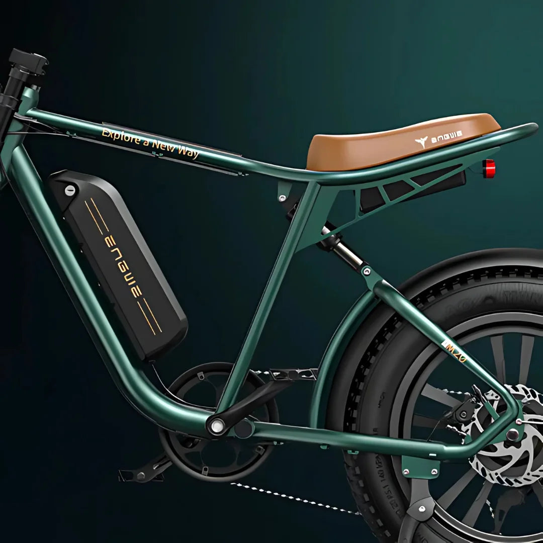 Electric Bike Engwe M20 features a sleek green frame, robust tires, and removable battery for easy travel.