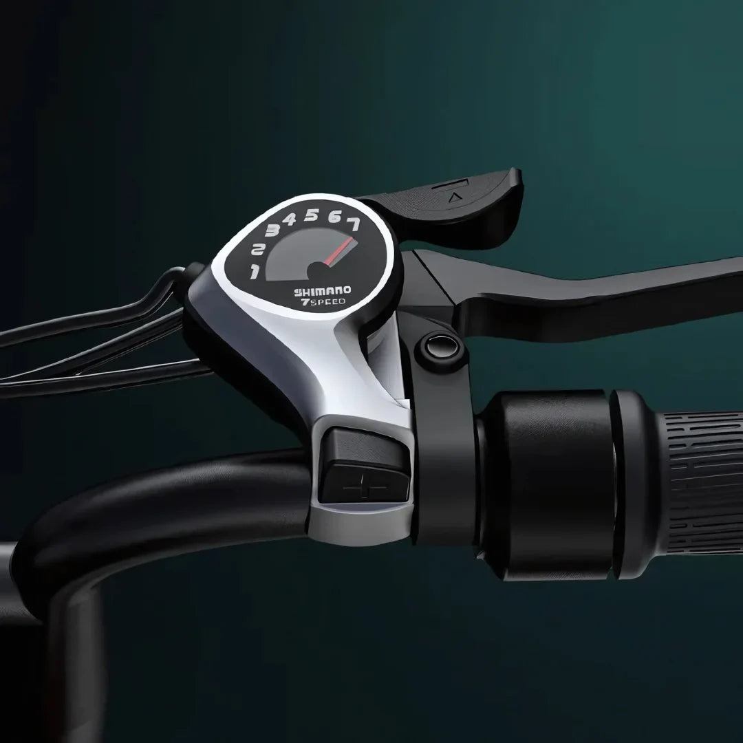 Electric Bike Engwe M20 features a Shimano 7-speed gear shifter, enhancing smooth ride control and performance.