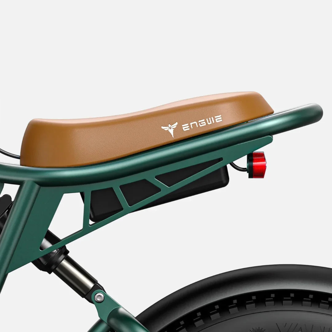 Electric Bike Engwe M20 features a stylish design with a brown seat, sturdy green frame, and integrated rear light.