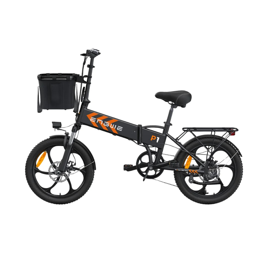 Electric Bike Engwe P1 features a compact design, robust frame, orange accents, and front basket for convenience.