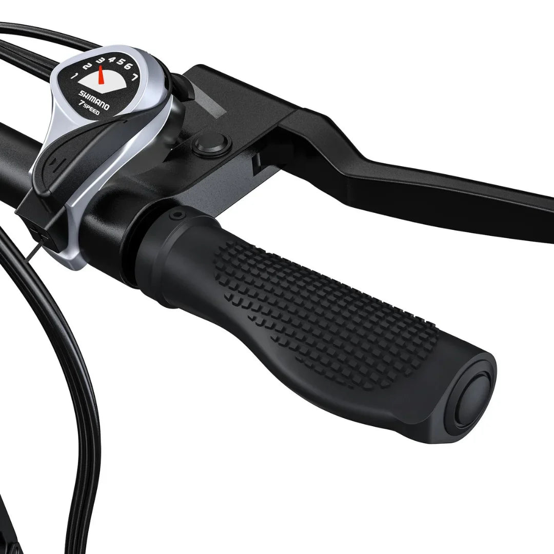 Electric Bike Engwe P1 features a comfortable grip and sleek Shimano speed control for smooth rides.