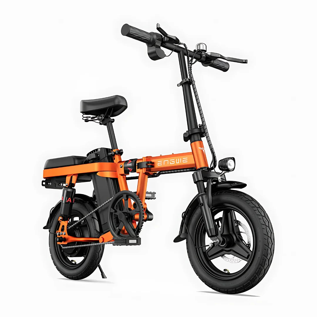 Electric Bike Engwe T14 features a compact design, vibrant orange frame, dual tires, and adjustable seat for comfort.