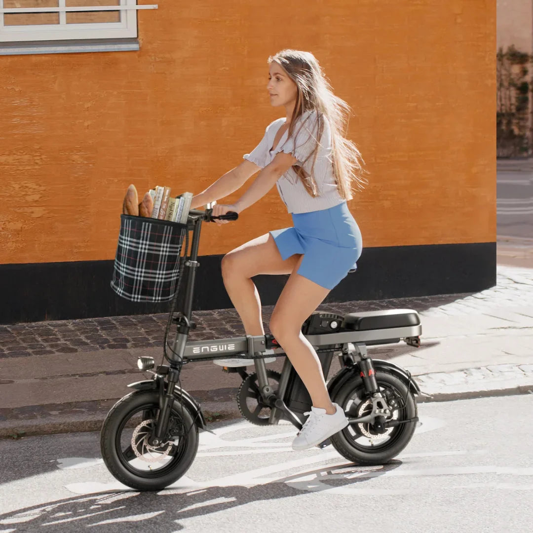 Electric Bike Engwe T14, a stylish electric bike with a basket, perfect for urban commuting and errands.