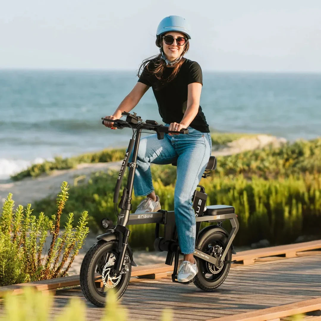 Electric Bike Engwe T14, sleek design with a rider on a scenic path, perfect for outdoor adventures.
