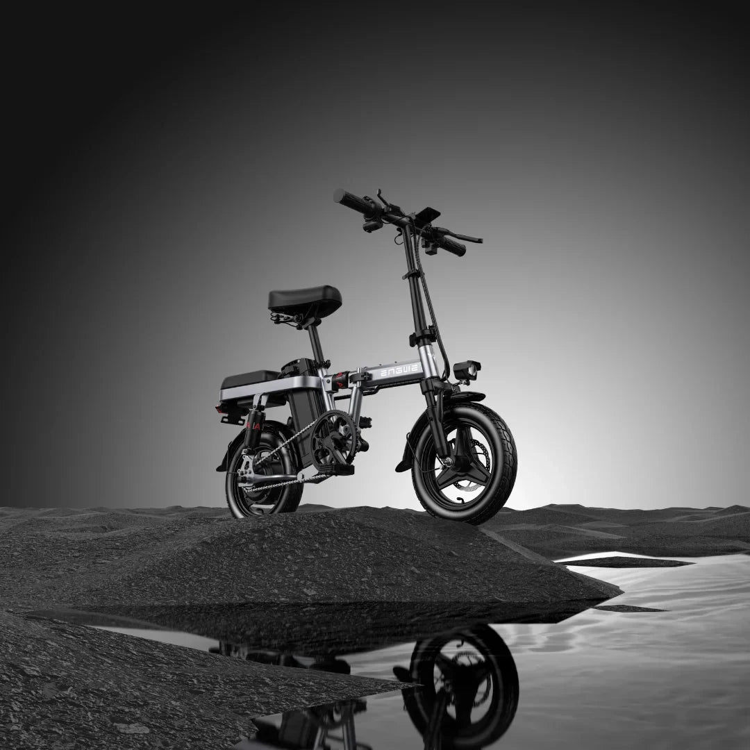 Electric Bike Engwe T14 features a compact design, sleek black frame, wide tires, and adjustable seat.