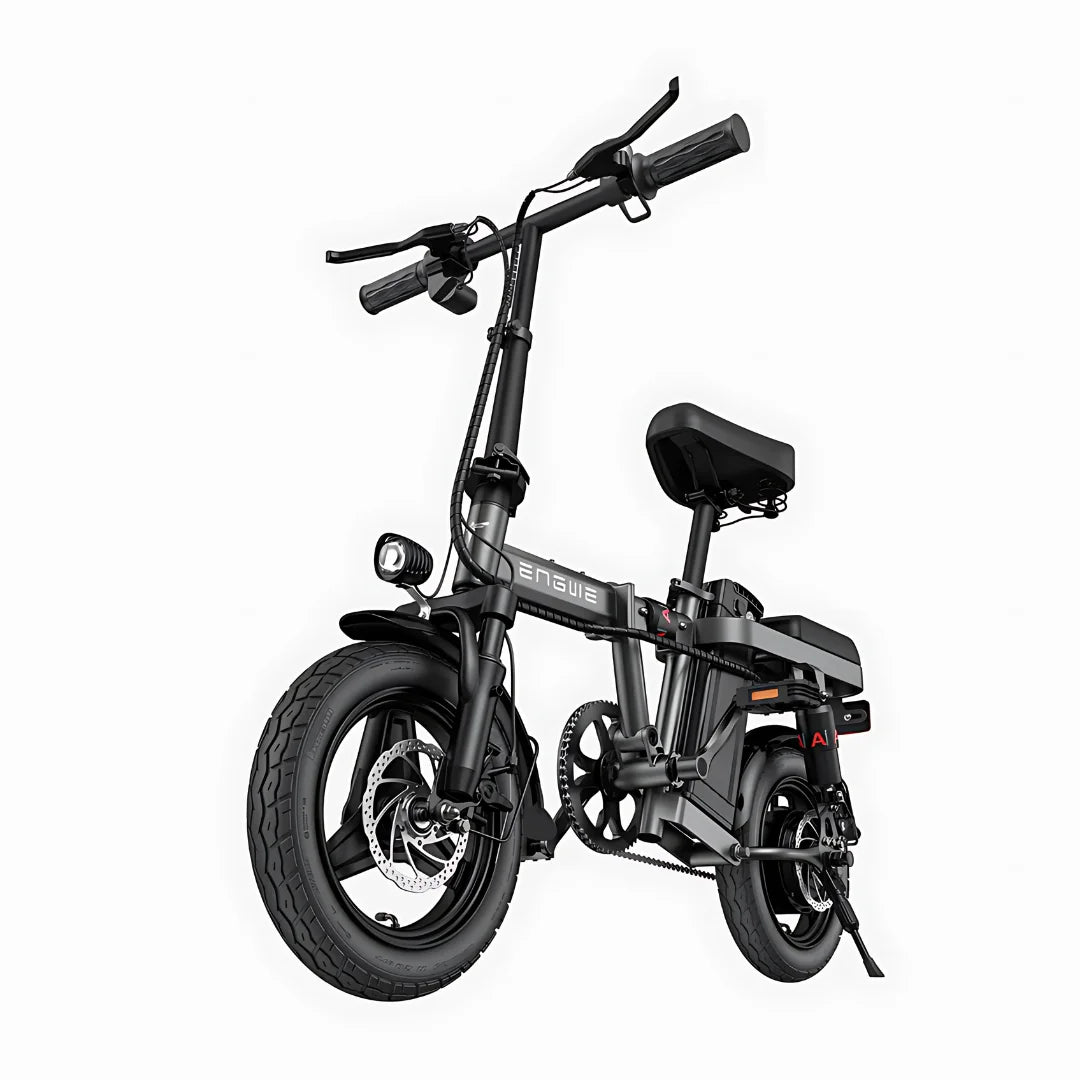 Electric Bike Engwe T14, compact design, durable frame, adjustable seat, bright front light, and sturdy tires.