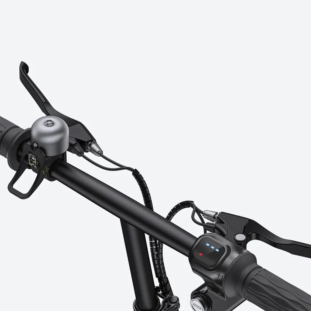 Electric Bike Engwe T14 features a sleek handlebars design, including a bell, controls, and wiring.