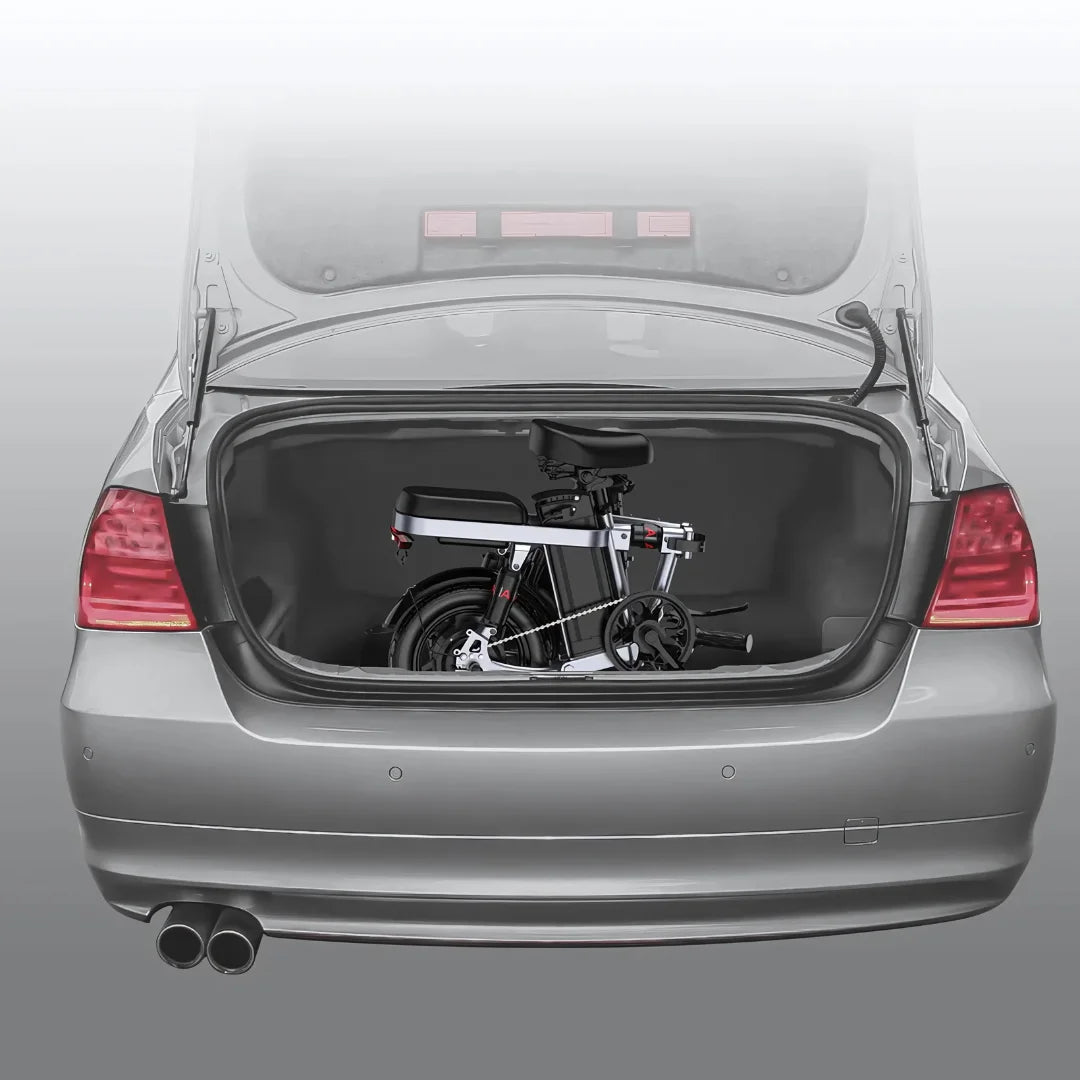 Electric Bike Engwe T14, a compact and foldable electric bike, fits perfectly in a car trunk.